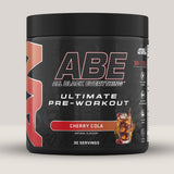 Imagine cu o cutie de ABE (All Black Everything) Pre-Workout (315g, 30 de serviri) de la Applied Nutrition, un supliment pre-workout pentru energie și pompare musculară. Cu aromă de cherry cola.