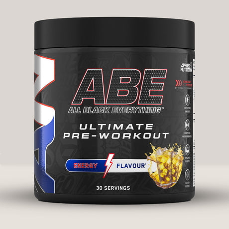 Imagine cu o cutie de ABE (All Black Everything) Pre-Workout (315g, 30 de serviri) de la Applied Nutrition, un supliment pre-workout pentru energie și pompare musculară. Cu aromă de energy.