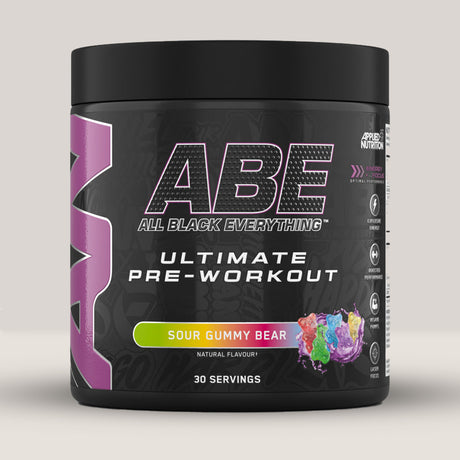 Imagine cu o cutie de ABE (All Black Everything) Pre-Workout (315g, 30 de serviri) de la Applied Nutrition, un supliment pre-workout pentru energie și pompare musculară. Cu aromă de jeleuri.