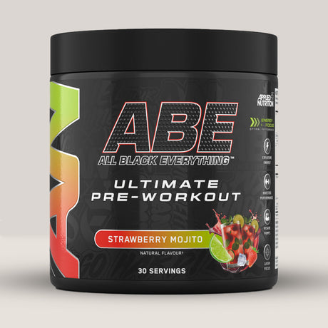 Imagine cu o cutie de ABE (All Black Everything) Pre-Workout (315g, 30 de serviri) de la Applied Nutrition, un supliment pre-workout pentru energie și pompare musculară. Cu aromă de mojito cu căpșuni.