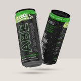 Imagine cu o cutie de 12 doze de ABE Energy Drink 330ml de la Applied Nutrition, o băutură energizantă carbogazoasă cu zero zahăr cu aromă de măr verde și soc.