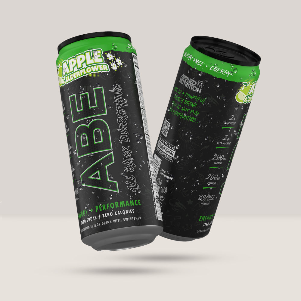 Imagine cu o doza de ABE Energy Drink 330ml de la Applied Nutrition, o băutură energizantă carbogazoasă cu zero zahăr cu aromă de măr verde și soc.