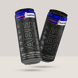 Imagine cu o cutie de 12 doze de ABE Energy Drink 330ml de la Applied Nutrition, o băutură energizantă carbogazoasă cu zero zahăr cu aromă de ENERGY!