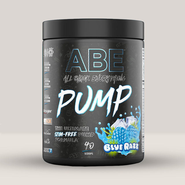 Imagine cu o cutie de ABE PUMP (500g, 40 de serviri) de la Applied Nutrition, un supliment pre-workout fără stimulenți pentru pompare musculară.