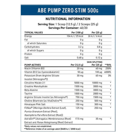 Imagine cu tabelul valorilor nutriționale de ABE PUMP (500g, 40 de serviri) de la Applied Nutrition, un supliment pre-workout fără stimulenți pentru pompare musculară.