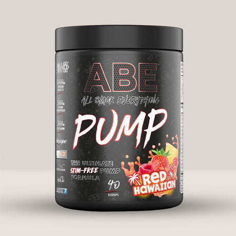 Imagine cu o cutie de ABE PUMP (500g, 40 de serviri) de la Applied Nutrition, un supliment pre-workout fără stimulenți pentru pompare musculară. Cu aromă de Red Hawaiian.