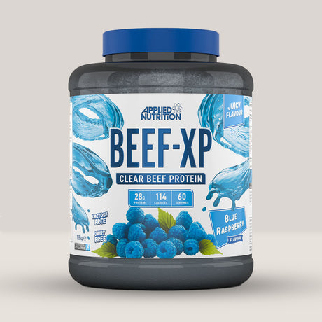 Cutie de APPLIED NUTRITION BEEF-XP Clear Hydrolysed Beef Protein, 1.8kg cu arome de mure albastre.