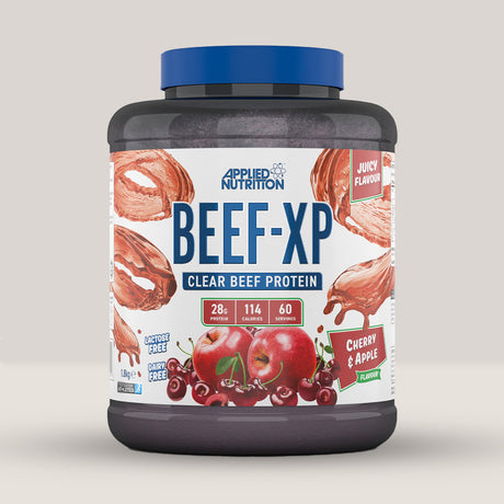 Cutie de APPLIED NUTRITION BEEF-XP Clear Hydrolysed Beef Protein, 1.8kg cu arome cireșe și măr roșu.