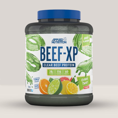 Cutie de APPLIED NUTRITION BEEF-XP Clear Hydrolysed Beef Protein, 1.8kg cu arome de citrice precum kiwi, lămâi și portocale.