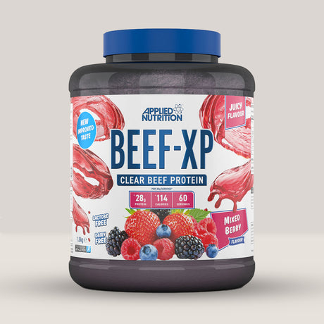 Cutie de APPLIED NUTRITION BEEF-XP Clear Hydrolysed Beef Protein, 1.8kg cu arome de fructe de pădure.