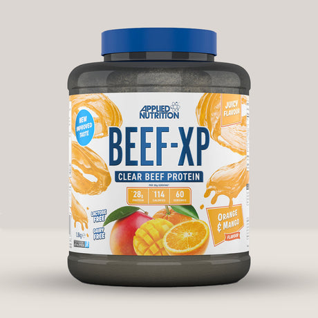 Cutie de APPLIED NUTRITION BEEF-XP Clear Hydrolysed Beef Protein, 1.8kg cu arome de portocale și mango.