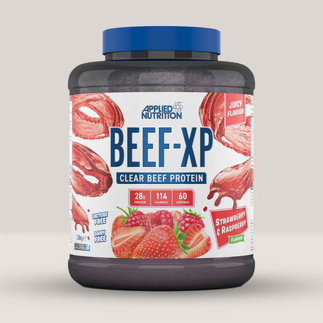 Cutie de APPLIED NUTRITION BEEF-XP Clear Hydrolysed Beef Protein, 1.8kg cu arome de căpșuni.