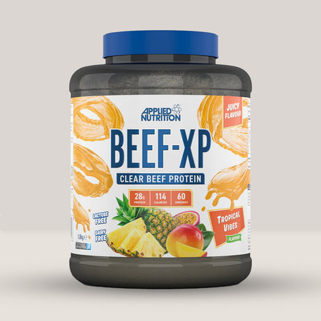 Cutie de APPLIED NUTRITION BEEF-XP Clear Hydrolysed Beef Protein, 1.8kg cu arome tropicale de ananas, fructul pasiunii, mango.