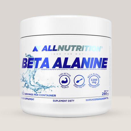 Imagine cu o cutie de Beta-Alanine Powder (250g, 62 de serviri) de la Applied Nutrition, un supliment cu beta-alanină pură pentru creșterea rezistenței.