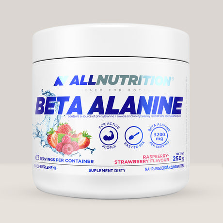 Imagine cu o cutie de Beta-Alanine Powder (250g, 62 de serviri) de la Applied Nutrition, un supliment cu beta-alanină pură pentru creșterea rezistenței. Aromă de căpșuni și zmeură.