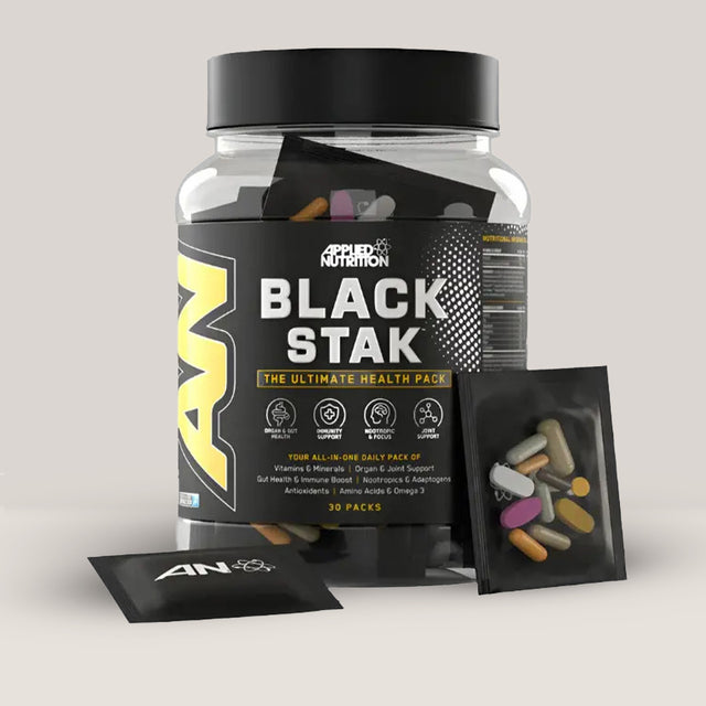 Imagine cu o cutie de Black Stak - The Ultimate Health Pack (30 pachete) de la APPLIED NUTRITION, un supliment complex cu vitamine, minerale și nutrienți.