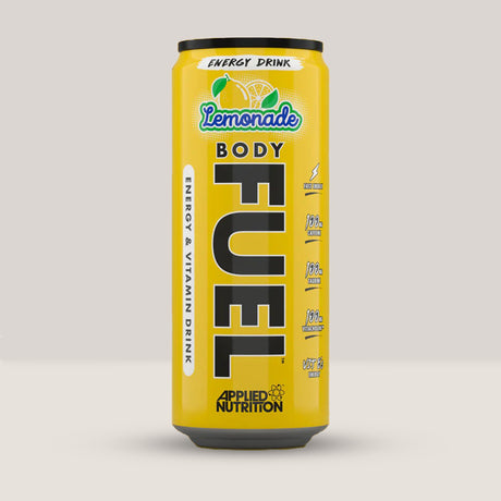 Imagine cu o doză de Body Fuel Energy Can 330ml de la APPLIED NUTRITION, o băutură energizantă cu zero zahăr și calorii cu aromă de lămâie.