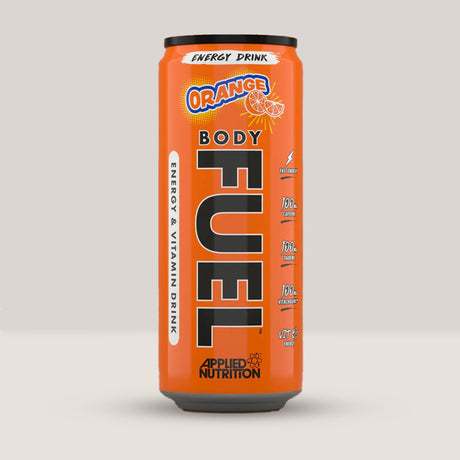 Imagine cu o doză de Body Fuel Energy Can 330ml de la APPLIED NUTRITION, o băutură energizantă cu zero zahăr și calorii cu aromă de portocale.