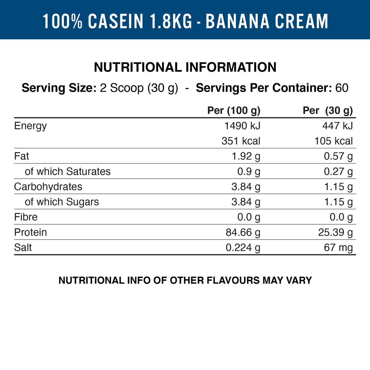 Imagine cu tabelul nutritional de Casein Protein 100% (900g, 30 de serviri) de la Applied Nutrition, o proteină din cazeină cu eliberare lentă.