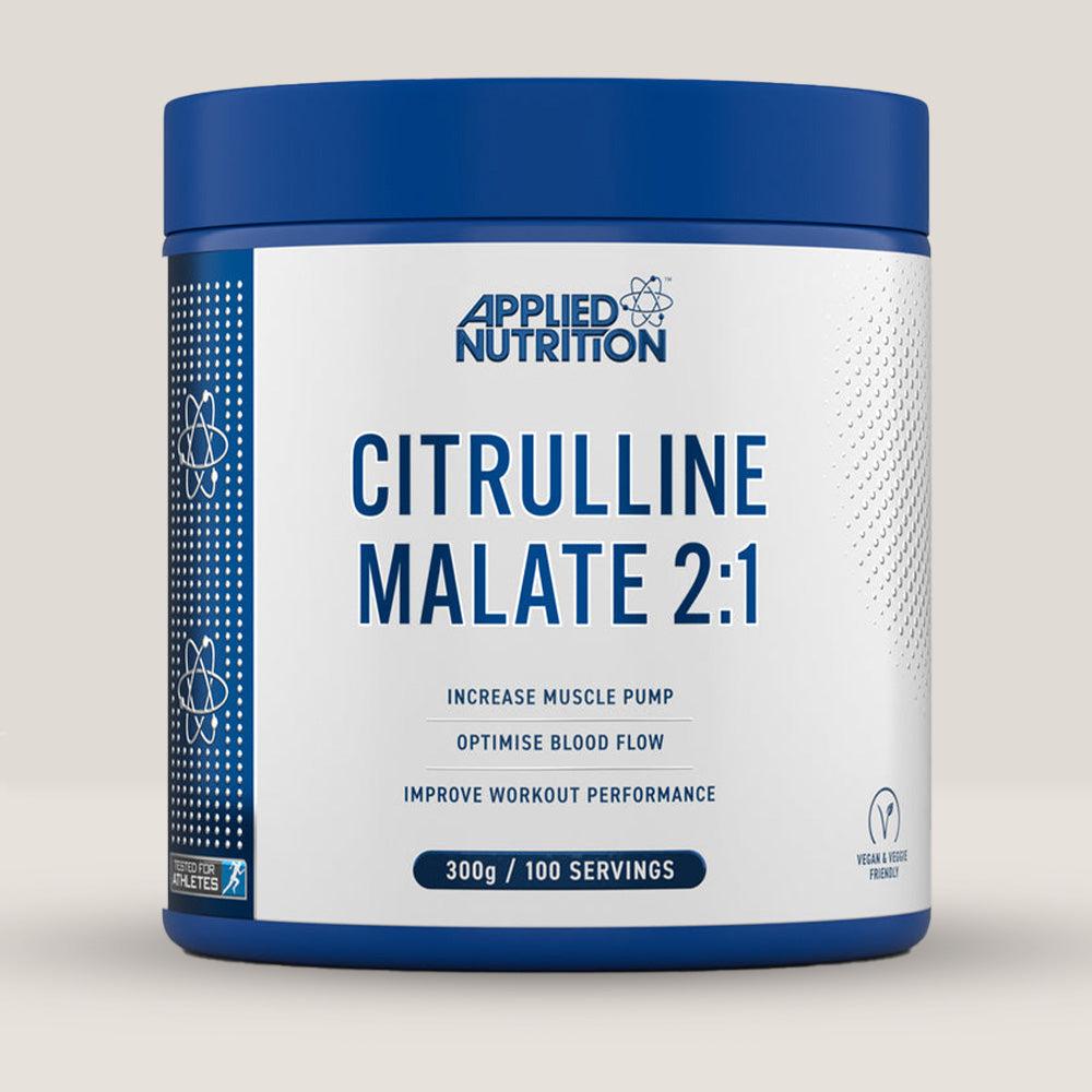 Cutie de Citrulline Malate de la APPLIED NUTRITION. Are 300 de grame, 100 de serviri si este pe principiul 2:1.
