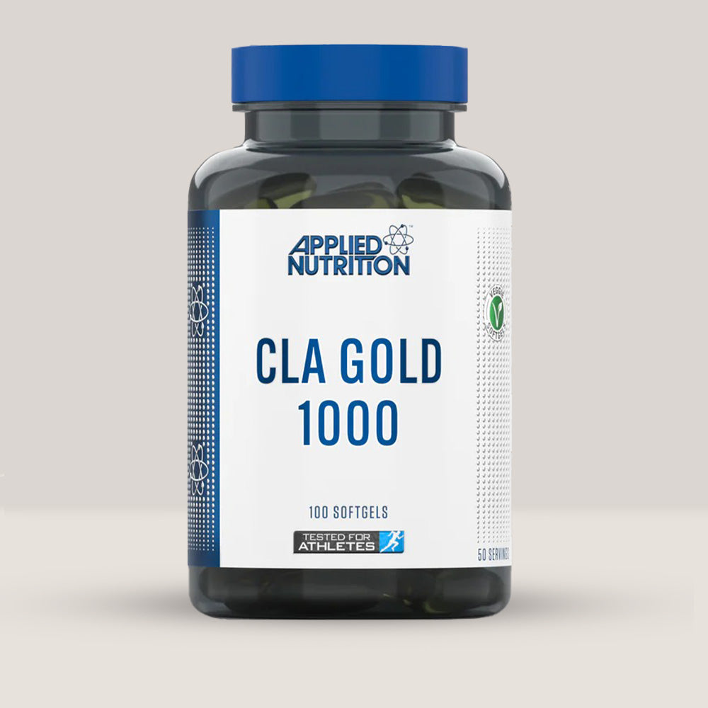 Imagine cu o cutie de CLA Gold 1000 (100 capsule) de la APPLIED NUTRITION, un supliment cu acid linoleic conjugat pentru arderea grăsimilor.
