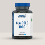 Imagine cu o cutie de CLA Gold 1000 (100 capsule) de la APPLIED NUTRITION, un supliment cu acid linoleic conjugat pentru arderea grăsimilor.