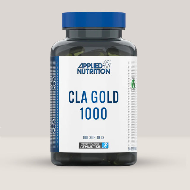 Imagine cu o cutie de CLA Gold 1000 (100 capsule) de la APPLIED NUTRITION, un supliment cu acid linoleic conjugat pentru arderea grăsimilor.