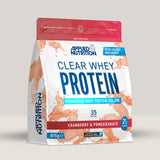 Imagine cu o cutie de Clear Whey Protein (875g, 35 de serviri) de la Applied Nutrition, o proteină din zer hidrolizată cu gust răcoritor. Aromă de merișoare și rodie.