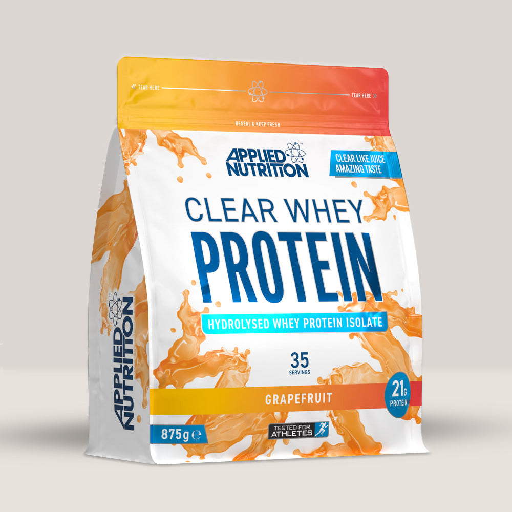 Imagine cu o cutie de Clear Whey Protein (875g, 35 de serviri) de la Applied Nutrition, o proteină din zer hidrolizată cu gust răcoritor. Aromă de grapefruit.