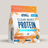 Imagine cu o cutie de Clear Whey Protein (875g, 35 de serviri) de la Applied Nutrition, o proteină din zer hidrolizată cu gust răcoritor. Aromă de portocale.