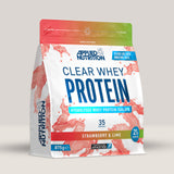 Imagine cu o cutie de Clear Whey Protein (875g, 35 de serviri) de la Applied Nutrition, o proteină din zer hidrolizată cu gust răcoritor. Aromă de căpșuni și lime.