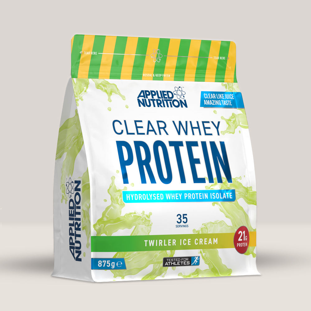 Imagine cu o cutie de Clear Whey Protein (875g, 35 de serviri) de la Applied Nutrition, o proteină din zer hidrolizată cu gust răcoritor. Aromă de înghețată twirl.