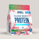 Imagine cu o cutie de Clear Whey Protein (875g, 35 de serviri) de la Applied Nutrition, o proteină din zer hidrolizată cu gust răcoritor. Aromă de pepene roșu.