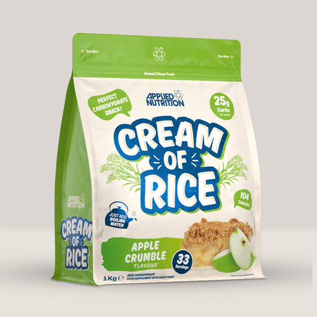  Imagine cu o cutie de Cream of Rice 1kg (33 de serviri) de la APPLIED NUTRITION, orez instant pentru micul dejun sau gustări cu aromă de măr verde, ras.