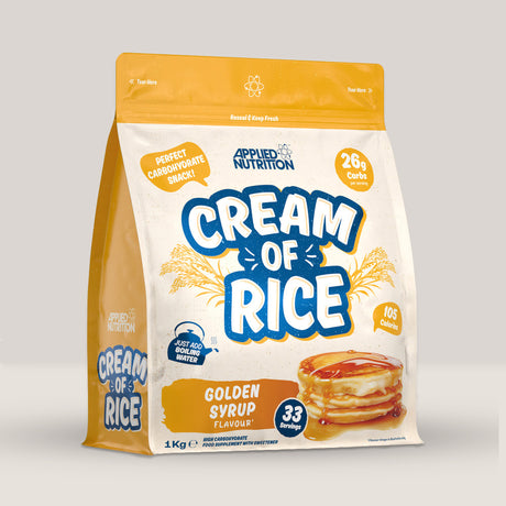 Imagine cu o cutie de Cream of Rice 1kg (33 de serviri) de la APPLIED NUTRITION, orez instant pentru micul dejun sau gustări cu aromă de miere sau sirop de arțar.