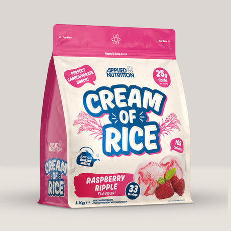 Imagine cu o cutie de Cream of Rice 1kg (33 de serviri) de la APPLIED NUTRITION, orez instant pentru micul dejun sau gustări cu aromă de zmeură.