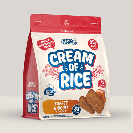 Imagine cu o cutie de Cream of Rice 1kg (33 de serviri) de la APPLIED NUTRITION, orez instant pentru micul dejun sau gustări cu aromă de toffeefee și biscuiți.