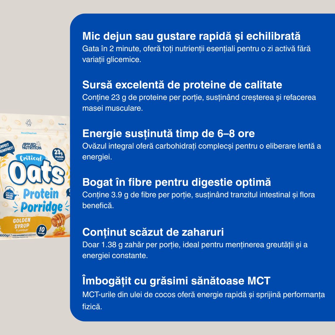 Energie și echilibru toată ziua cu terciul proteic Critical Oats de la Applied Nutrition. Performanță optimă și bunăstare garantată.