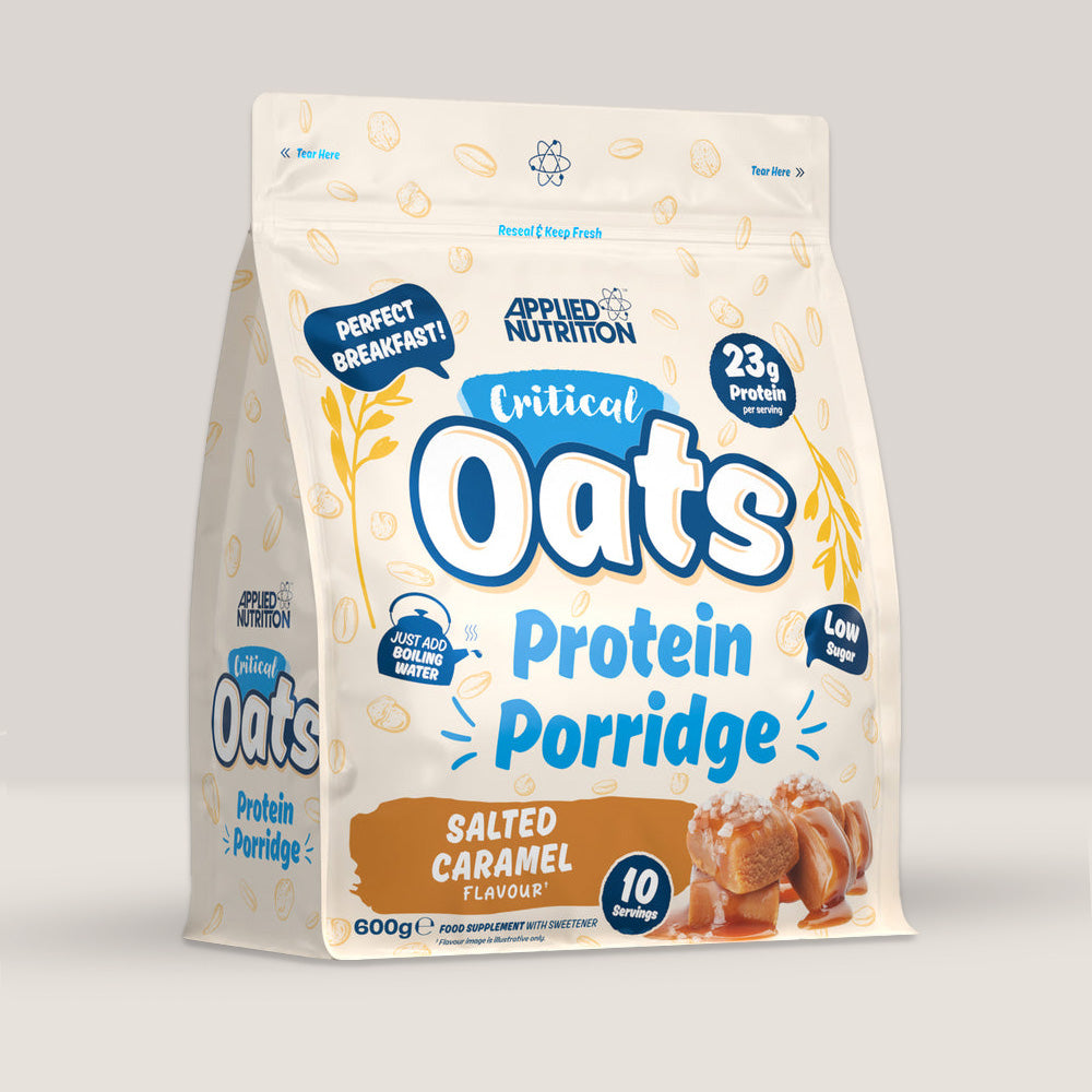 Pungă de APPLIED NUTRITION Critical Oats, 600g cu aromă de caramel sărat. 10 serviri.