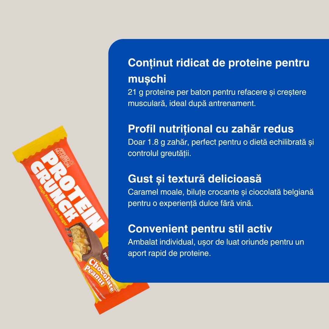 Proteină pură și ciocolată belgiană. Crunch Protein Bar de la Applied Nutrition: regenerare musculară rapidă, fără compromisuri.