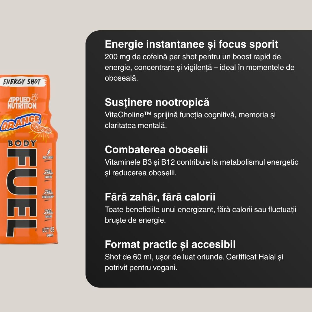 Energie pură și focus maxim pentru performanță de top. APPLIED NUTRITION Body Fuel.