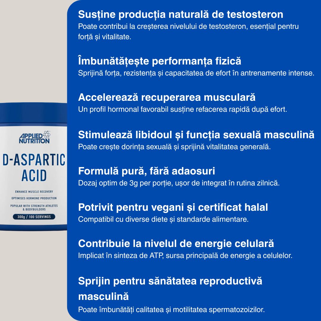Performanță de vârf și vitalitate cu Acid D-Aspartic de la Applied Nutrition.