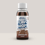 Imagine cu o sticlă de Flavo Drops 38ml de la APPLIED NUTRITION, picături cu aromă concentrată pentru a da gust alimentelor și băuturilor, fără zahăr sau calorii cu aromă de ciocolată.