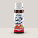 Imagine cu o sticlă de Flavo Drops 38ml de la APPLIED NUTRITION, picături cu aromă concentrată pentru a da gust alimentelor și băuturilor, fără zahăr sau calorii cu aromă de căpșuni.