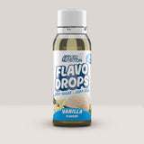 Imagine cu o sticlă de Flavo Drops 38ml de la APPLIED NUTRITION, picături cu aromă concentrată pentru a da gust alimentelor și băuturilor, fără zahăr sau calorii cu aromă de vanilie.