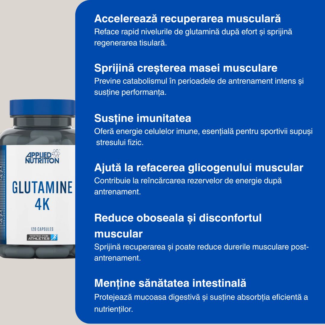 Performanță desăvârșită cu L-Glutamina 4K. Regenerare musculară absolută.