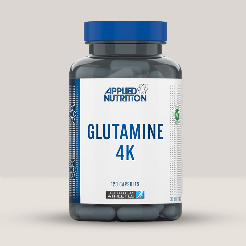 Imagine cu o cutie de Glutamine 4K (120 capsule) de la APPLIED NUTRITION, un supliment cu L-glutamină pentru recuperare musculară și creșterea performanței sportive.