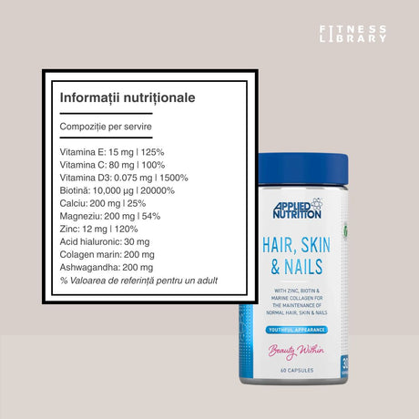 Piele fermă, păr strălucitor, unghii rezistente. Complexul Hair, Skin & Nails de la Applied Nutrition - frumusețe din interior.