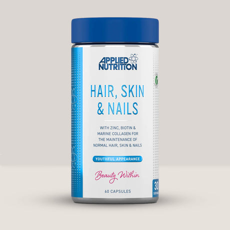 Imagine cu o cutie de Hair, Skin & Nails (60 capsule) de la APPLIED NUTRITION, un supliment complex pentru sănătatea părului, pielii și unghiilor.