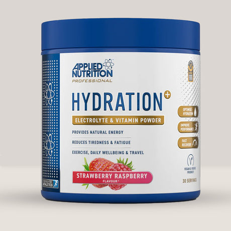 Imagine cu o cutie de Hydration+ 240g (30 de serviri) de la APPLIED NUTRITION, o pulbere de electroliți și vitamine pentru hidratare și energie cu aromă de căpșune și zmeură.